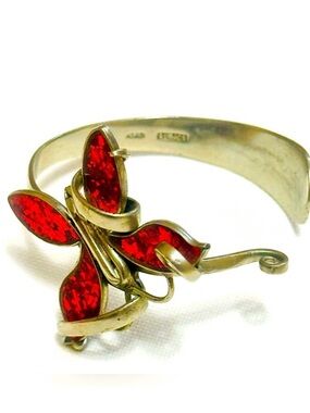 Vintage Alpaca Silver Handmade Fork Art Cuff Bracelet With Lucite Red Butterfly